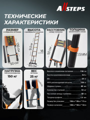 Лестница телескопическая ALLSTEPS, 9,0 м / 18 ступеней + крюки, опора, колёса алюминиевая, складная, широкие ступени, для дачи и кровельных работ, STL-900RBBH-max (витринный образец)